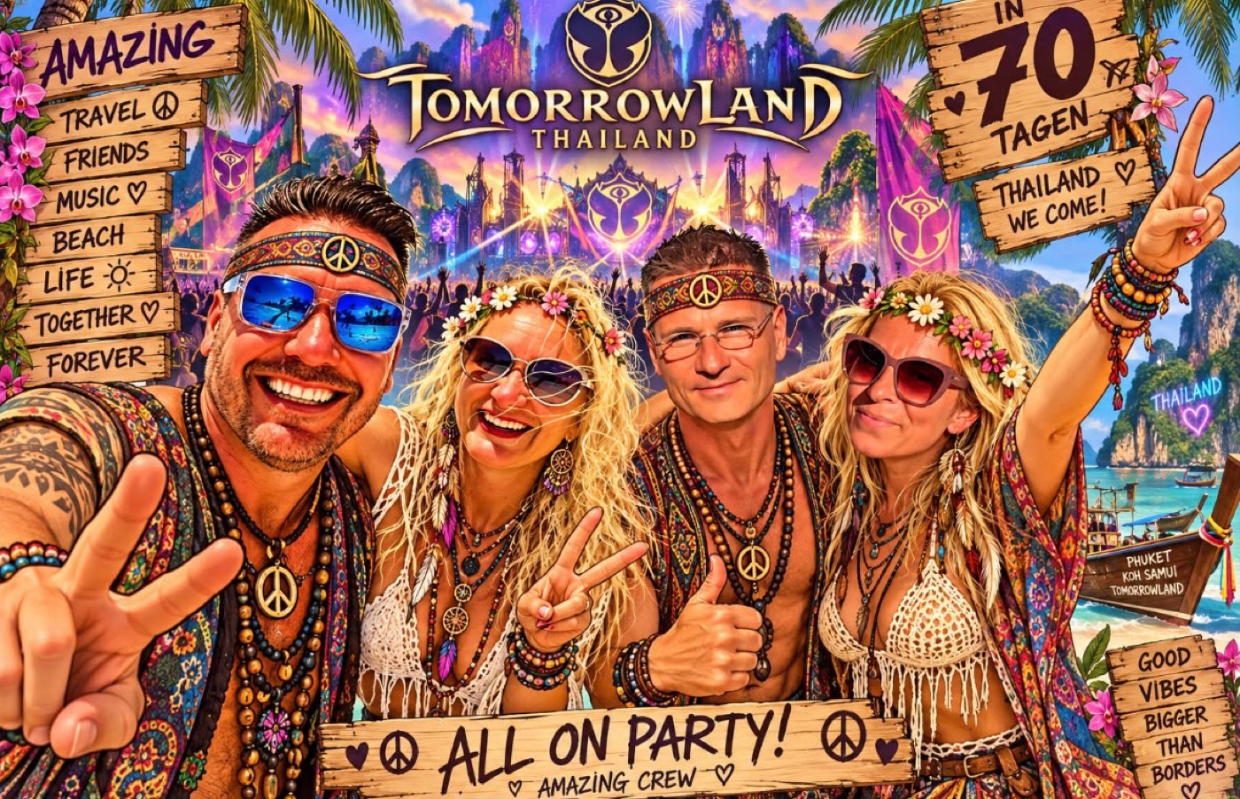 Patty, Mona, Jasmin und Uwe als Festivalcrew vor der Tomorrowland-Bühne in Thailand, mit Holzschildern