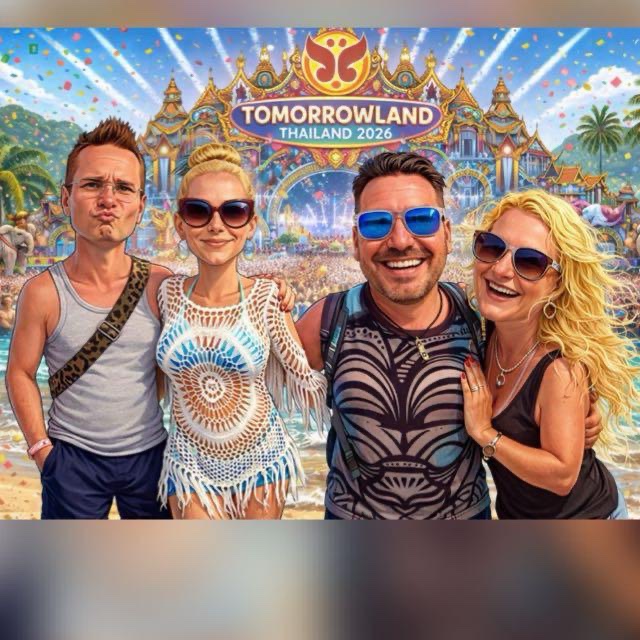 Patty, Mona, Jasmin und Uwe vor dem Tomorrowland-Tor in Thailand